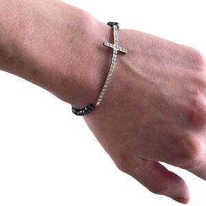 Iridescent Blue & Silver-tone Stretch Bracelet with Rhinestone Cross